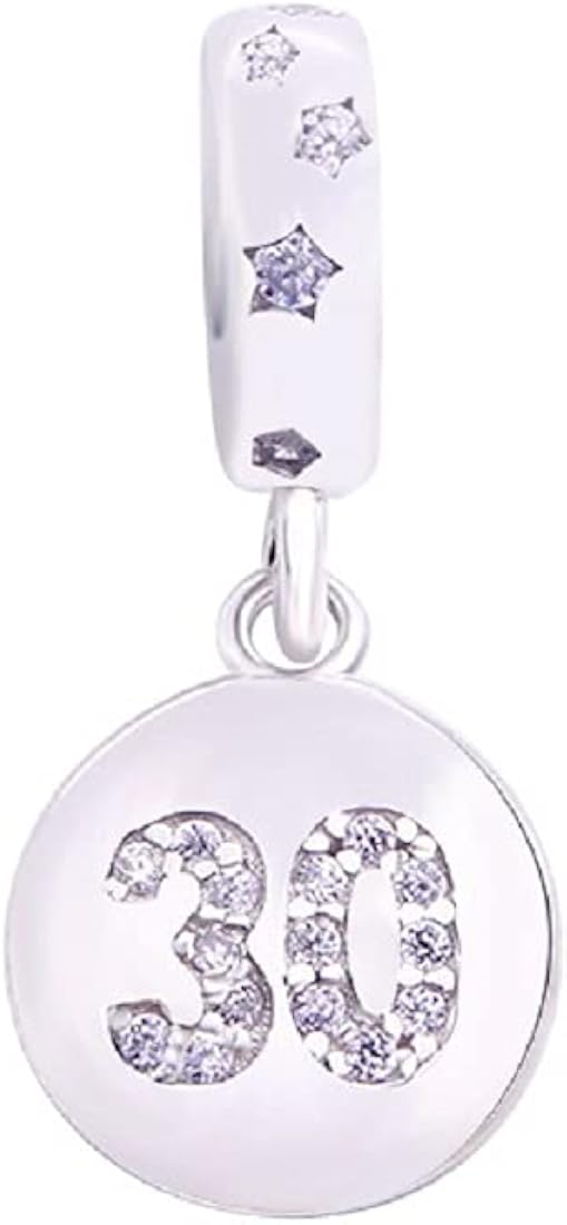 FeatherWish Celebration 30th Happy Birthday 925 Sterling Silver Dangle Pendant Charm With Cubic Zirconia Compatible With Pandora Bracelet Or Necklace 16 18 21 30 40 (30th)