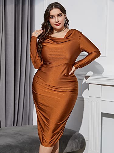 Floerns Women's Plus Size Long Sleeve Draped Cowl Neck Party Bodycon Midi Dress Brown 3Xl #TOP4