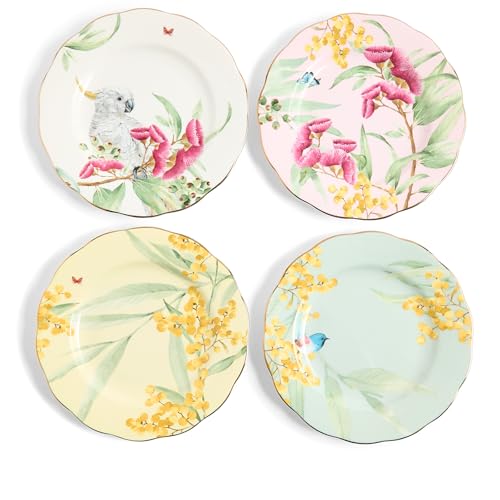 Royal Albert Miranda Kerr Australiana Fine Bone China Plates, Set of 4, Gold-Trimmed Floral Design with Native Birds