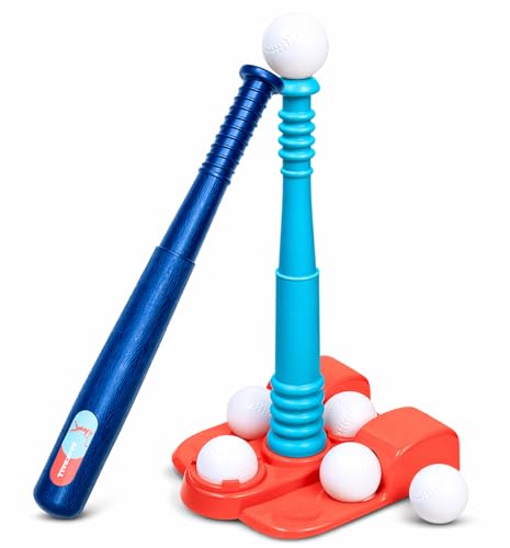 T Ball Stand for Kids and Toddlers 3-5 5-8. Baseball Set Includes 6 Large Balls an Adjustable Tball Batting Tee and a Storage Net. Kids Bat & Teeball T-Ball Sets for Kids