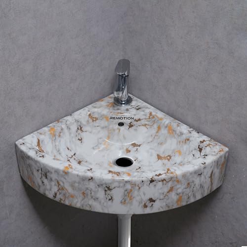 Image of REMOTION Ceramic Wall Hung Corner Wash Basin for Bathroom | Wall Mounted Corner Sink (20.4 x 15 x 6 Inch) (White Gold Spot)