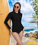 SURFEASY Damska koszulka Rash Guard Full Zip z długim rękawem UV szybkoschnąca ochrona przed słońcem UPF50+ Surf, pływanie, moda kąpielowa, czarny, XXL