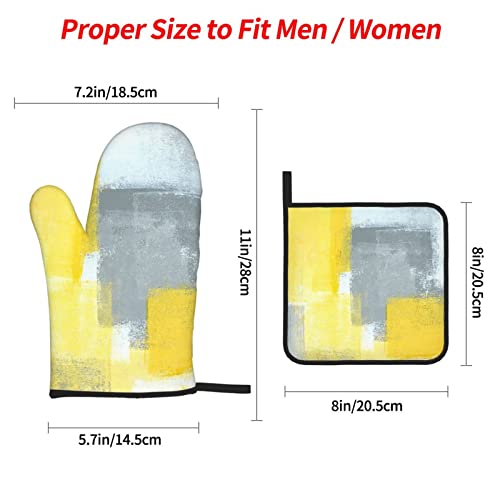 Grey And Yellow Abstract Art Painting Printed Oven Mitts And Pot Holders Set Of 4 Heat Resistant Non-Slip Waterproof Oven Gloves For Grilling Bbq Cooking Baking Kitchen Microwave Pizza #TOP3