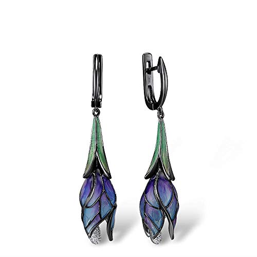 Boucles d'oreilles pendantes en argent massif et émail fait main fleur violette