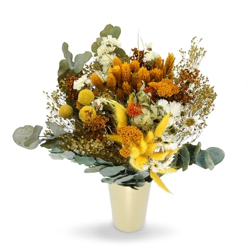Bouquet de Flores Secas y Naturales en Tonalidades Variadas, Regalo Ideal Hecho a Mano, 50x35 (Amarillo)
