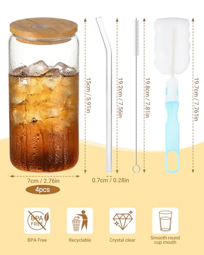 PaxCulina Zestaw 4 szklanek o pojemności 500 ml z pokrywką i słomką, szklanki do wody i matchy, szklanki do napojów z pokrywką, szklanki do longdrinków – szklanki do mrożonej kawy – szklanki do kawy