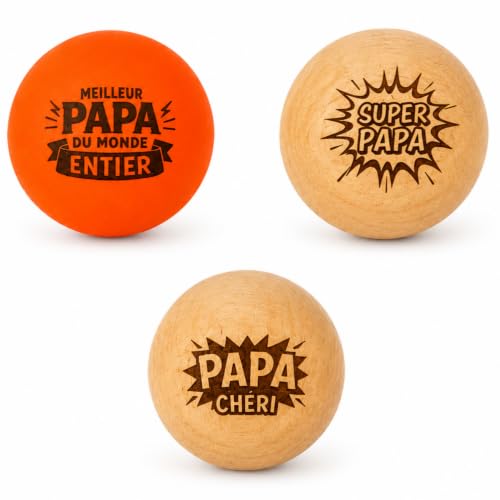 Ernestine - Lot de 3 Cochonnets Pétanque en Bois de buis du Jura - Gravés Papa - Cochonnet Fluo Inclus - Cadeau Originale Fête des Pères – Accessoire Bouliste Fabriqué en France – Cadeau Papa Noël