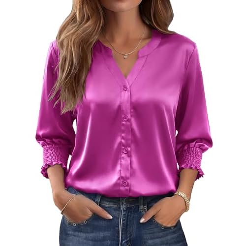 LOMON Satin Button Down Shirts for Women 3/4 Length Sleeve Business Casual Blouses 2026 Summer Tops