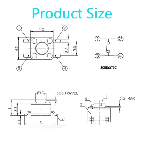 20 interruptores táteis de 4,5 x 4,5 x 3,8 mm