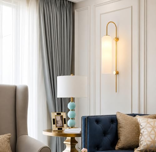 Image of Long Glass Wall Light with Modern Metal Design Gold Finish Light Fixture for Bedroom, Living Room, Home, Bar, Cafe, Hotel, Workspace with 30 cm Long Bulb (Frost White)