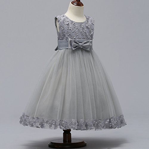 IBTOM CASTLE 2-10T Big Little Girl Ball Gown Short Lace Flower Tulle Dresses for Wedding Party Evening Dance Gray 3T