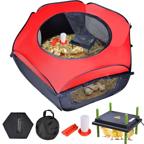 Tetuga Chicken Brooder Box for Chick Starter Kit - 10 * 12inch Brooder Heating Plate Chick Brooder Pen Chicken Brooder Box 4-in-1 Bundles with Chicken Feeder, Waterer (Brooder Set,Red)