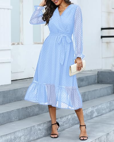Image of Women's Fall Long Sleeve Spring Dress Wrap V Neck Swiss Dot Casual A-Line Midi Dresses with Belt