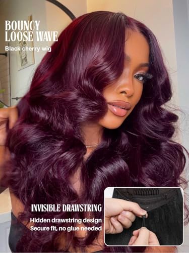 Image of Beauty Forever 13x4 Pre-Everything Lace Frontal Glueless Wig Human Hair Pre Plucked Pre Cut Black Cherry Loose Body Wave Drawstring Wig With Face Framing Layers Ready to Go Wigs 150% Density 26inch
