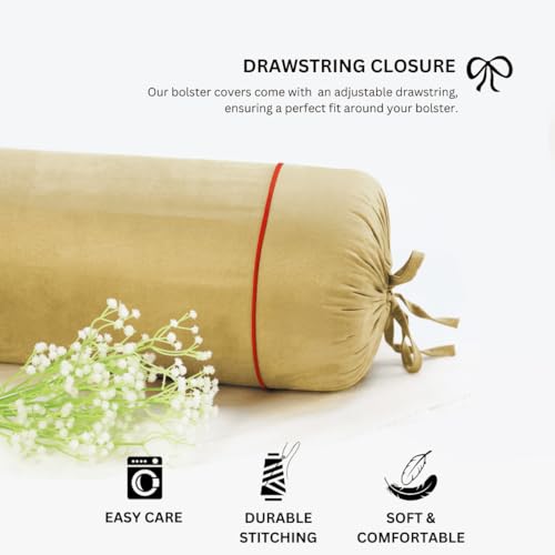 Image of AURAVE Suede 300 TC Printed Bolster Cover with Drawstring Closure, Set of 2, Soft Breathable Durable Machine Washable for Sofa Bed & Home Decor, 15 inchx30 inch, Beige | Cover Only