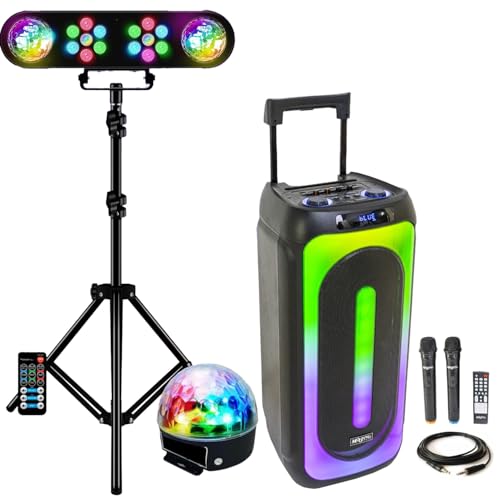 IBIZA Sound Light - Pack Lumière avec portique DJ + 1 Enceinte Sono 1000w MAGIC-SOUND1000 2 micros sans Fil- Bluetooth USB - idéal pour Vos soirées...
