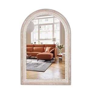 36×24” Farmhouse Arched Decorative Wall Mirror, Farmhouse Wooden Mirrors with Beaded for Living Room, Hallway, Bathroom, Entryway – Vertical/Horizontal