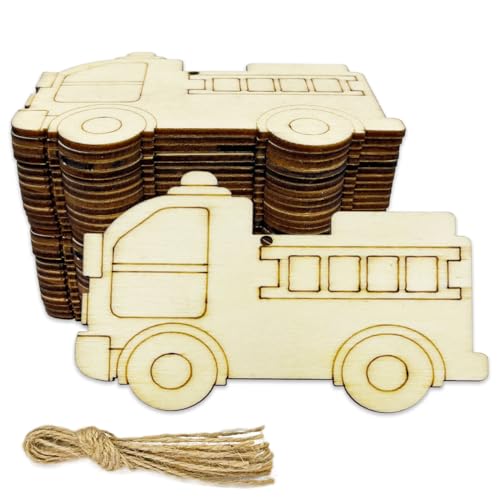 30pcs Unfinished Fire Truck Wood DIY Crafts Cutouts Wooden Fire