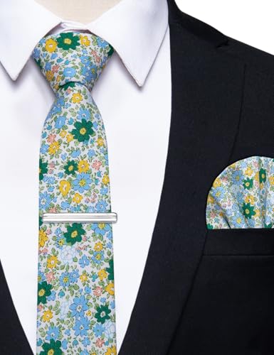 Image of YourTies Cotton Floral Tie for Men 2.5 inch Printed Skinny Necktie Pocket Square Tie Clip Set Flower Wedding Party Groom