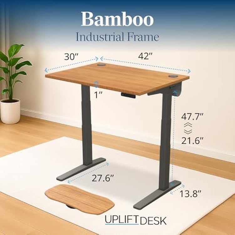 UPLIFT DESK Bamboo (42 x 30 inch) Standing Desk 2-Leg V3 Adjustable Stand Up C-Frame (Indus.), Advanced Keypad, Wire Grommets, Wire Tray, Rocker Board