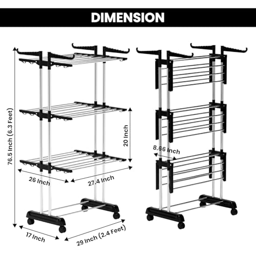Image of TEKCOOL Foldable Cloth Drying Stand Stainless Steel - 3 Tier Heavy-Duty Clothes Dryer for Balcony, Indoor & Outdoor Use | with Wheels & Hanger Slots | Rust-Proof Laundry Rack (Black, 3 TIRE):