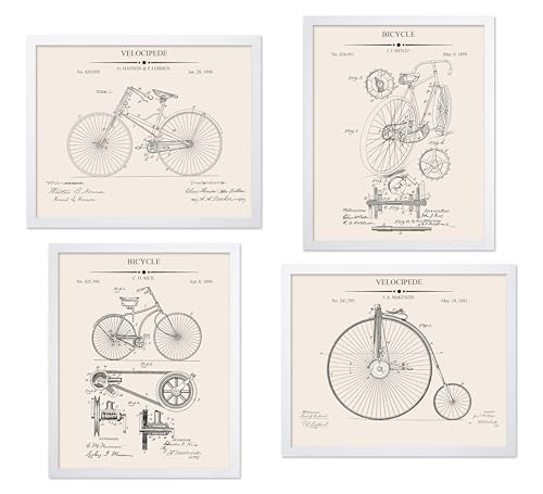 Poster Master 4-Piece Vintage Bicycle Blueprint Poster - Velocipede Patent Print - Bicycle Art - Transportation Design - Bike Enthusiast Decor - Great Garage or Man Cave Decor - 16x20 White Framed