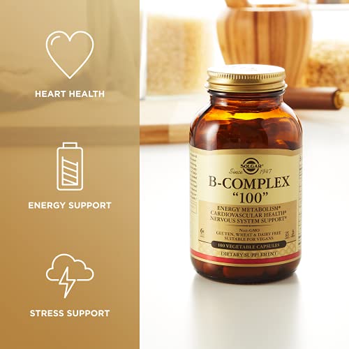 Solgar B-Complex "100", 100 Vegetable Capsules - Heart Health - Nervous System Support - Supports Energy Metabolism - Non Gmo, Vegan, Gluten/ Dairy Free, Kosher, Halal - 100 Servings #TOP2