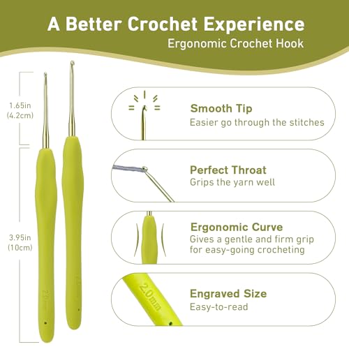 Image of 2mm Crochet Hook, Small Size 2 mm Ergonomic Crochet Hooks for Beginners, Comfort Crochet Needle for Arthritics, 1 Pack