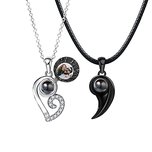 925 Sterling Silver Personalized Picture Matching Necklace for Couples,Custom Necklace Jewelry Relationship Couple Necklaces for Him and Her Customized Portrait Jewelry (A Heart Couples)
