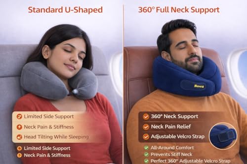 Image of HEVEA Travel Neck Pillow, 100% Memory Foam with 360 Degree Neck Support for Flight, Car, Bus, Office & Train Travel, Adjustable Velcro, Washable Velvet Cover, Free Travel Pouch, Navy Blue