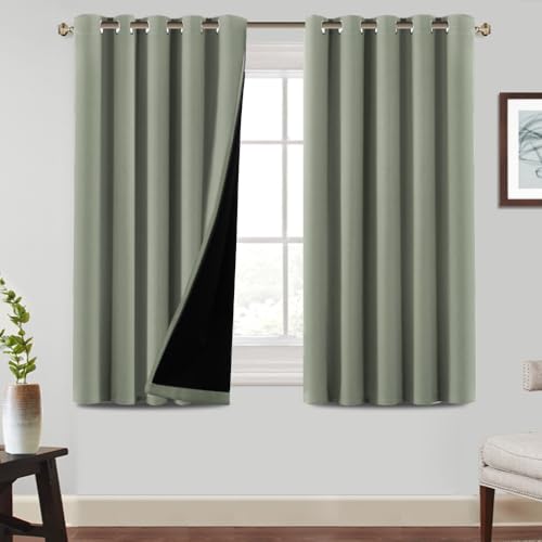 BellaHills 100% Blackout Curtains for Bedroom Thermal Insulated Blackout Curtain Heat and Full Light Blocking Eyelet Curtains for Living Room with Black Liner 2 Panels, 66 x 54 Inch, Light Sage