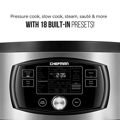 Image of Chefman Multi-Function Oval Pressure Cooker 8 Quart Extra Large Programmable Multicooker, 18 Presets to Slow Cook, Saute, Steam, Sear, Nonstick Pot, Accessories & Recipe Book Included, Stainless Steel