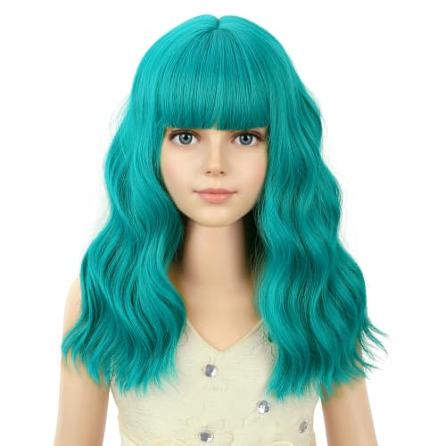 Image of PATTNIUM Blue Green Wig for Kids Girls Short Curly Wavy Wigs with Bangs Blue Green Shoulder Length Wavy Heat Resistant Synthetic Wig