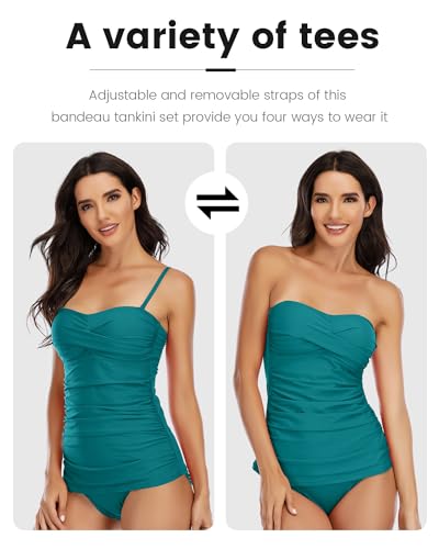 Image of Shuangyu Women's Twist Front Bandeau Tankini Set Two Pieces Ruched Tummy Control Suimsuit with Mid Waist Briefs