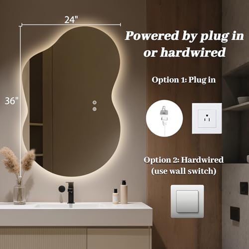 Image of WallBeyond 36 inchx24 inch Irregular LED Bathroom Mirror with Lights, Asymmetrical Backlit Vanity Mirror for Powder Room or Makeup Area, Dimmable & Anti-Fog, Dual Mounting