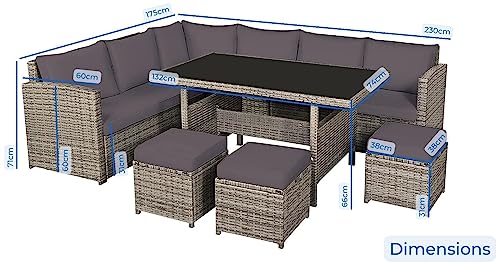 EVRE Mauritius 8 Seater Garden Rattan Furniture Classical Corner Dining Set Table Sofa Bench Stool with Cushions and Glass Top Table Conservatory Wicker Lounge Patio with Weatherproof Cover EVRE Mauritius 8 Seater Garden Rattan Furniture Classical Corner Dining Set Table Sofa Bench Stool with Cushions and Glass Top Table Conservatory Wicker Lounge Patio with Weatherproof Cover