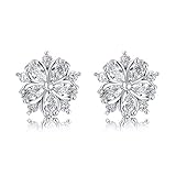 Bamos Snowflake Earrings, 14K White Gold Plated Flower Stud Earrings with CZ Cherry Blossom Petal...