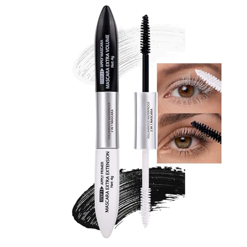 2in1 Mascara + Primer, 5D Weiß Wimpern Primer & Wimperntusche Wasserfest, Telescopic Mascara Wischfest & Langlebig, Volumizing & Curl Mascara Primer für Extrem Lange Wimpern, Augen Make-Up