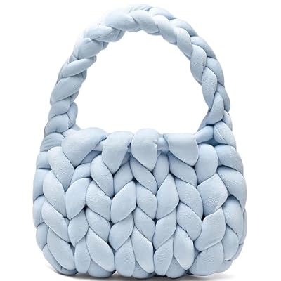 Borsa a tracolla intrecciata a mano da donna, in filato grosso, realizzata a mano, Azzurro chiaro, Large