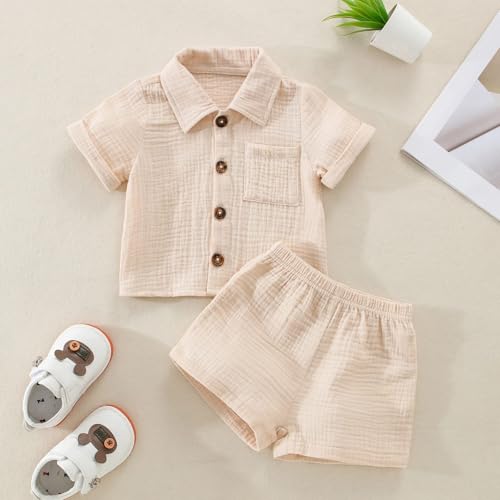 LIUNLU Baby Boy Infant Toddler Summer Outfit, Button Down Shirt and Pinstripe Shorts 2Pcs Set, 6 Months - 3T Apricot — view 2