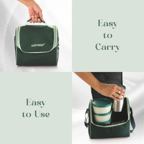 Image of WARMEO Micro Meal Microwave Safe Lunch Box | 1 Rectangular Container 600ml + 2 Round Containers 350ml Each + 1 Round Container 250ml + 1 Steel Tumbler 500ml | Office,School,Picnic,Green