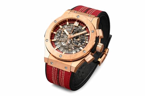 Image of Luxury Skeleton Dial Men's Watch with Rose Gold Case & Red Premium Strap