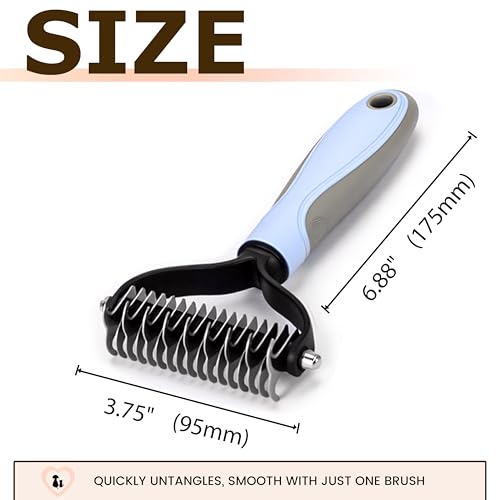 Image of Double Sided Dematting Comb for Dogs & Cats - 2-in-1 Undercoat Rake & Double Coat Dog Brush, Pet Grooming Tool for Removing Mats & Deshedding (Blue)