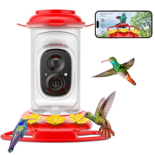 Hummingbird Feeder with Camera: Auto Capture & AI Bird ID, Wide Mouth Design, Built-in Ant Moat & Bee Guards, Outdoor Bird Watching Gift for Enthusiasts