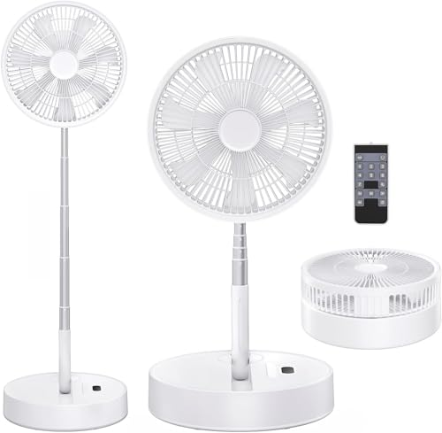 Ventilador de pie portátil silencioso, 12 pulgadas, ventiladores blancos con control remoto, 4 velocidades/temporizador – Ventilador oscilante para suelo o mesa baja, 12600 mAh, USB recargable