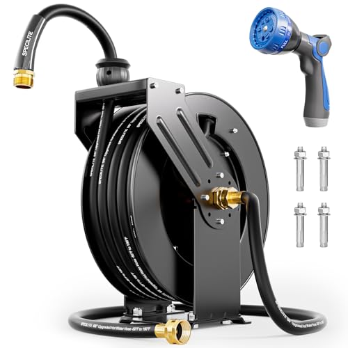 SPECILITE Retractable Hose Reel with 5/8'' Hot/Cold Garden Water Pipe 50ft, -50℉ -190℉, Heavy Duty Metal Wall Mount Spool, with 6ft Lead Hoses, Sprayer Nozzle, 3/4'' Brass Fittings for Garage, Yard