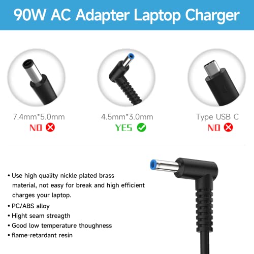 Hp 90W 19.5V 4.62A Laptop Charger Smart Blue Tip For Hp X360 Pavilion 11 14 15 17 741727-001 740015-001 854117-850, Envy, Spectre, Elitebook 840, Probook, And More Ac Adapter Power Supply Charger Cord #TOP1