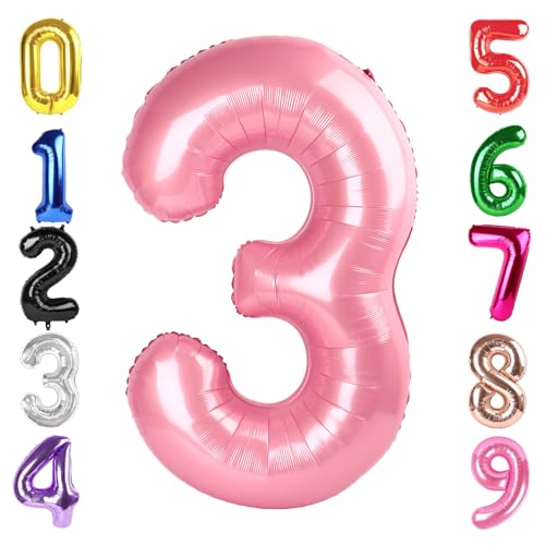 Image of 40 Inch Pastel Pink Number 3 Balloon, 3rd Birthday Party Decorations | 40 Inch Pastel Pink inflatable foil number balloons, large birthday decorations for 3rd birthday