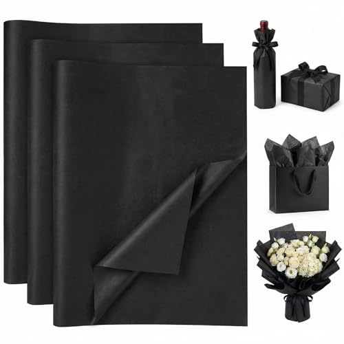 VGOODALL 100 Blatt Schwarz Seidenpapier Tissue Papier 50cm x 35cm Bastelpapier Geschenkpapier für Geschenkverpackung Geburtstagsfeier Hochzeit Kunsthandwerk Babyparty Basteln