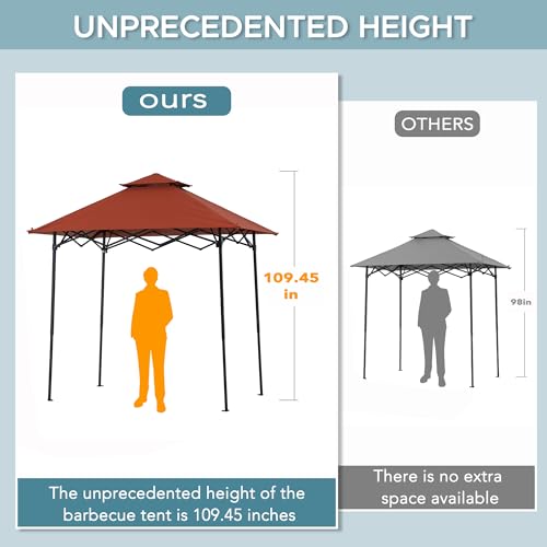 SUNJOY 5 x 8 ft. Grill Gazebo Pop Up Double Tiered Outdoor Gazebo Standing-Height Canopy with Magnetic LED Light, Adjustable Ceiling Height, for BBQ,Picnics, Outdoor Events, Red